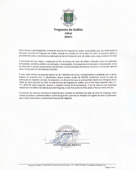 Concurso para a conce&ccedil;&atilde;o do Bar da &Aacute;rea de Recreio e Lazer de Gol&atilde;es para a &eacute;poca balnear 2026